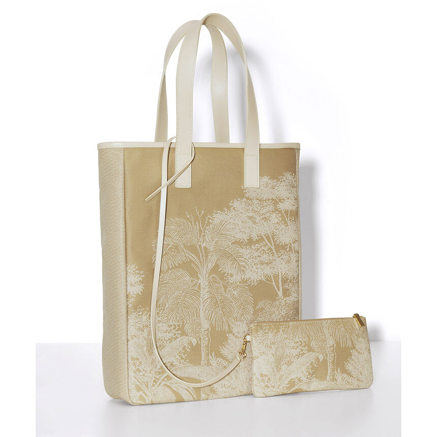 Cabas port&eacute; main Paysage Brun  100% coton Enduction 80% acrylique / 20% polyur&eacute;thane . Garniture : Cuir de Bovin, , hi-res image number 1